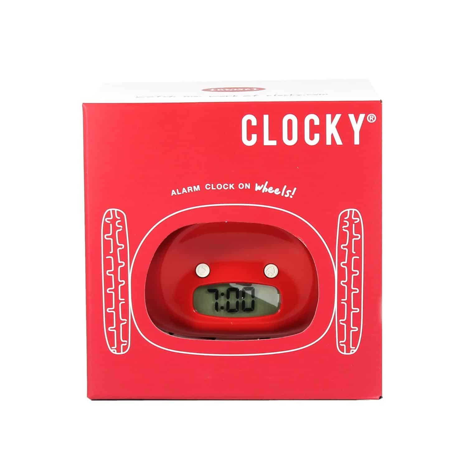 Clocky Alarm Clock Quirky Box Design Clock on Wheels Red