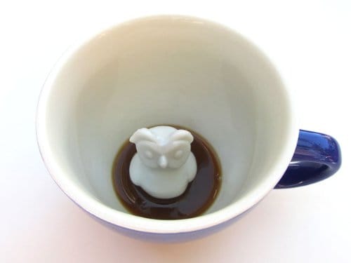 Creature Cups Ceramic Mug Mystical Owl Bathing on Black Coffee