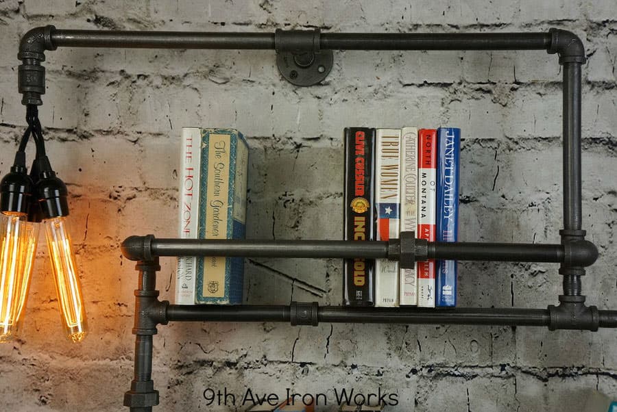 9th Ave Iron Works Lighted Brighton Two Tiered Iron Bookshelf Industrial Fixture
