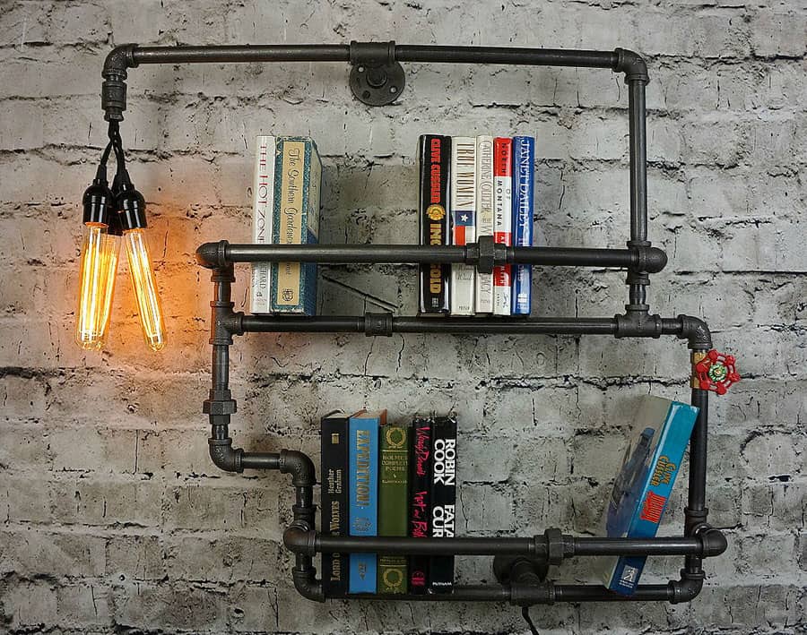 9th Ave Iron Works Lighted Brighton Two Tiered Iron Bookshelf Industrial Interior
