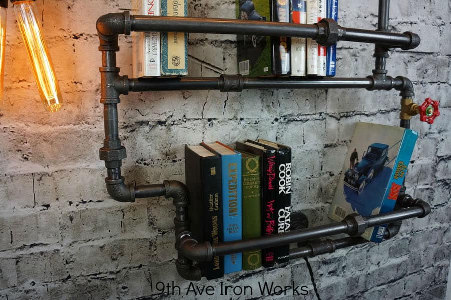 9th Ave Iron Works Lighted Brighton Two Tiered Iron Bookshelf Pipe Design