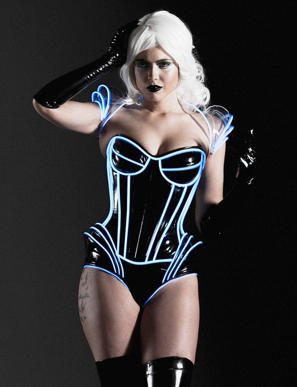 Artifice Clothing Clear PVC and Blue Glow Trim Pauldron Shrug Sexy Tron Outfit