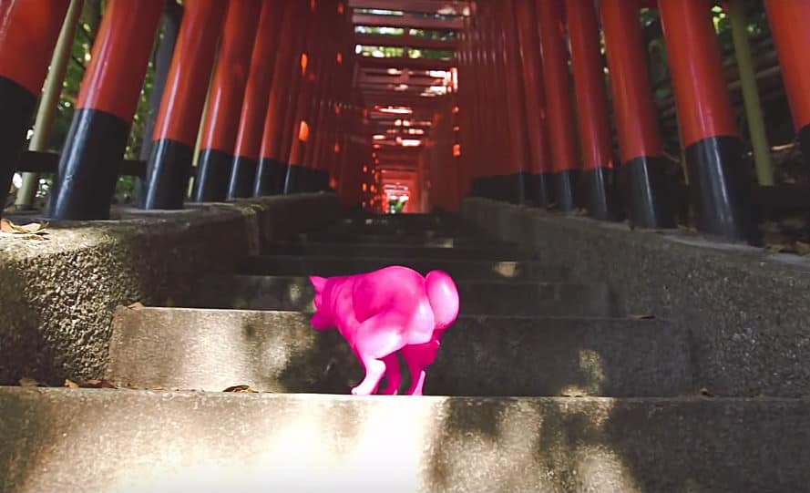 Squatting Dog Pink on Japanese Temple