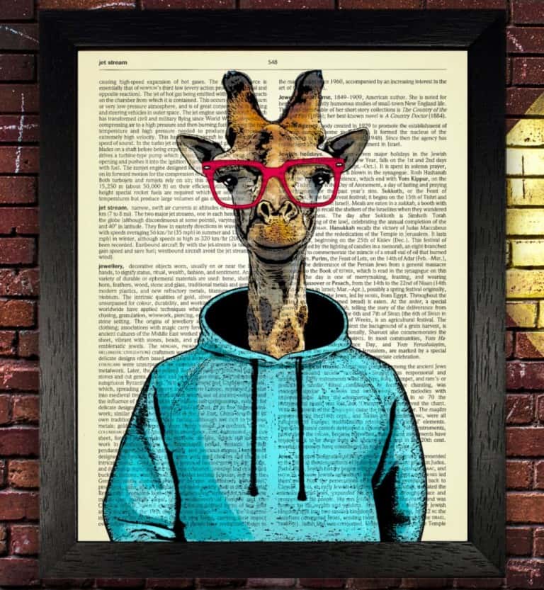 Top London Prints Giraffe in Blue Hoodie with Red Glasses Dictionary Art Print Buy College Dorm Art Piece