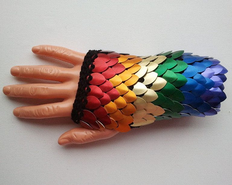 The Scale Maiden Rainbow fingerless Dragon Scale Gloves Acrylic Wool
