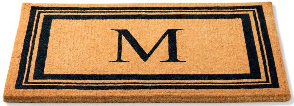 Monogrammed-Coco Border Door Mat Brown rectangular door mat with black monogram M and line designs
