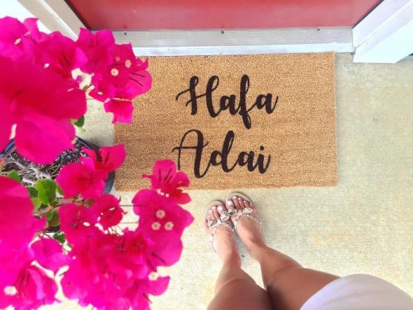 Brown coir door mat with text Hafa Adai WithLoveAndLuxe Custom Door Mat – Cool Front Door Mats
