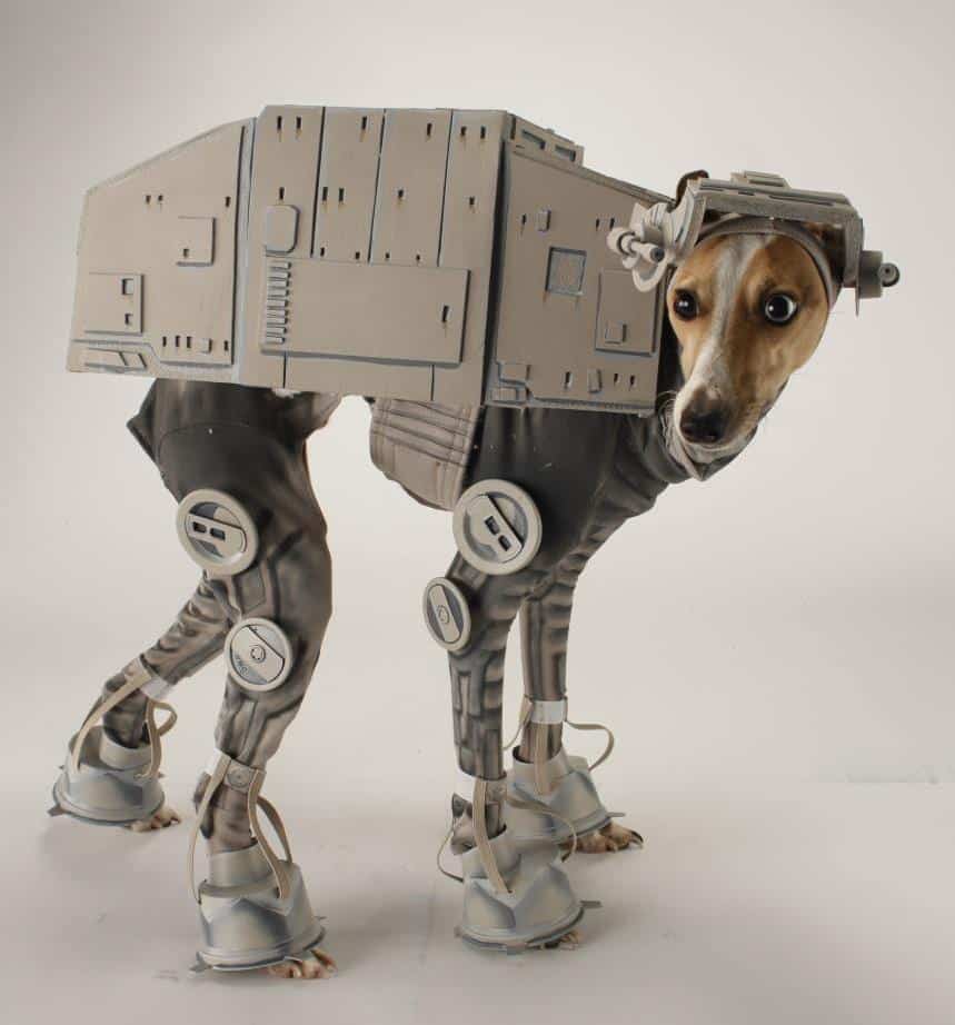 Greyhound dog wearing Star Wars AT-AT costume