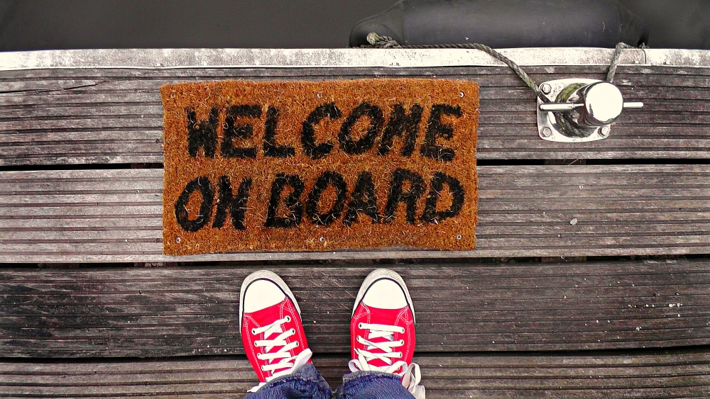 Personalized brown coir doormat that says Welcome on Board