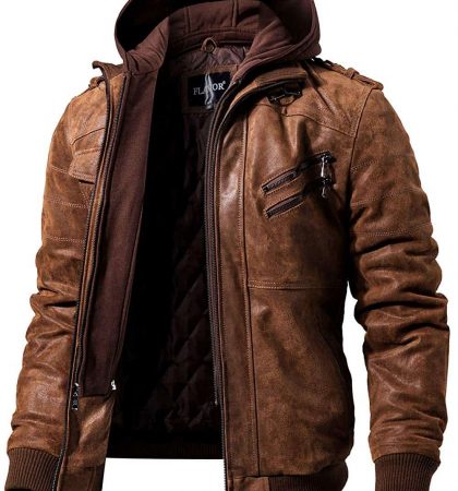 Men Hoodies Brown Leather Motorcycle Jacket with Removable Hood