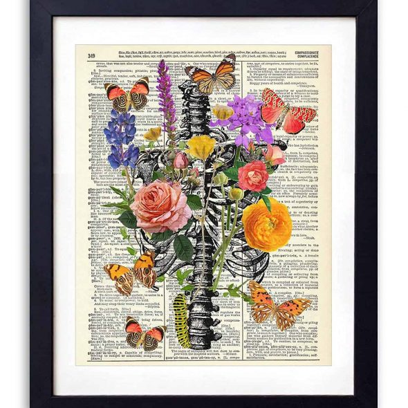 Vintage Book Art Co Rib Cage With Flowers Butterflies & Caterpillar Upcycled Vintage Dictionary Art Print